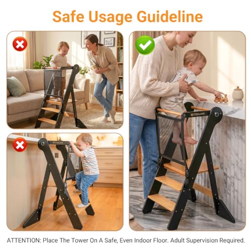 COSYLAND Foldable Toddler Standing Tower – Adjustable Height Folding Step Stool with Safety Net, Partial Assembly Toddler Kitchen Stool Helper for Learning and Cooking, Black & Natural by COSYLAND - Image 5