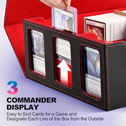 Image of UAONO Card Storage Box for Trading Cards, 1800+ Commander Deck Box for MTG with Display Window, Toploader Card Case fits Magic TCG PTCG Sports Cards; 10 Removable Divider, 3 Stoppers (Black, Red)