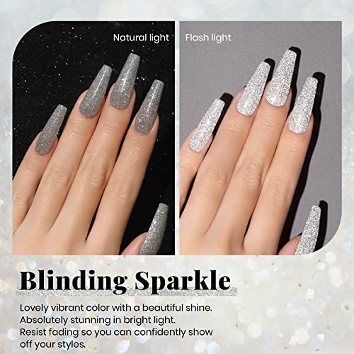 Image of Reflective silver glitter gel polish adds a shimmer finish for nail art; cure under UV /LED lamp.