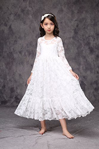 Flower Girl Long Sleeves Lace Bow Sash Children First Communion D114