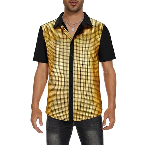 Image of Zando Men's Sequin 70s 80s Disco Shirt - Retro Short Sleeve Button Up Costume Halloween New Year Party Outfit Top & Clubwear