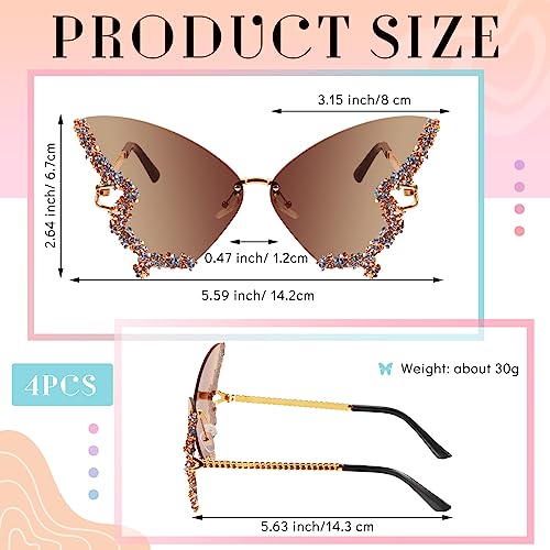 Xuhal 4 Pairs Rimless Butterfly Sunglasses Rhinestone Bling Sun Glasses Trend Gradient Butterfly Shaped Sunglasses for Women2
