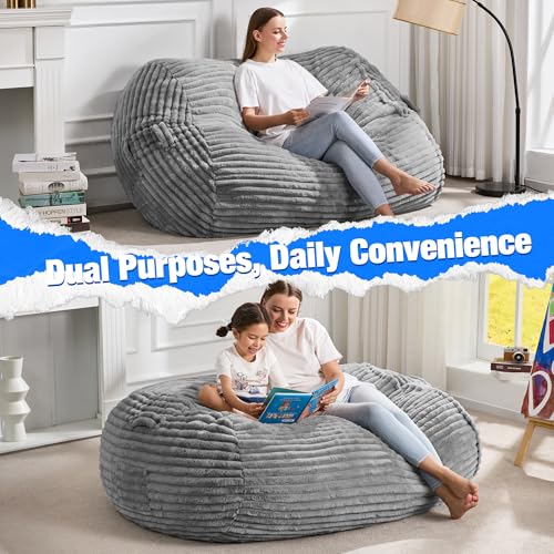 Image of Hobestluk 4FT Bean Bag Chairs Adult Bean Bag with Portable Handle Comfy Large Bean Bag Chair with Removable Cover for Living Room Bedroom or Reading Nook (Stripe Grey, 4FT)