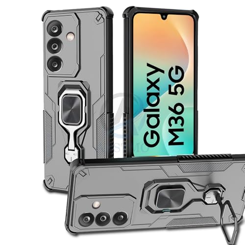 Image of AESTMO Armor Back Cover for Samsung Galaxy M36 5G / F36 5G | Ring Holder & Kickstand & Camera Protection in-Built | 360 Degree Protection Back Case Cover (Black)