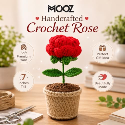 Image of Handcrafted Crochet Flower Pot | 7 Inch Handmade Wool Flower Plant | Premium Soft Yarn Decor | Cute Desk & Home Decoration | Unique Gift for Birthday, Anniversary & Valentine (Red Rose)