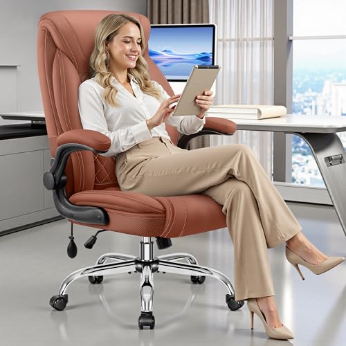 Image of BestGlory Executive Office Chair with Lumbar Support, Big and Tall Ergonomic Computer Desk Chair, Leather Comfy High Back Gaming Chair with Flip Up Arms & Rocking Function for Home Office, Brown