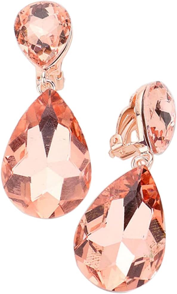 Rosemarie & Jubalee Women's Double Teardrop Statement Glass Crystal Rhinestone Dangle Clip On Bridal Earrings, 2"
