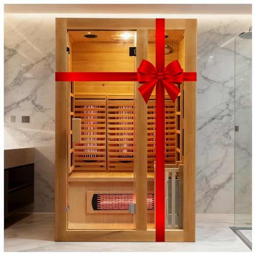 amocane Infrared & Steam Dual-System Sauna Room, 2 Person Canadian Hemlock Sauna with Backrest, Indoor Traditional Home Saunas Spa with 6 Heaters & 3.5KW Sauna Stove, Oxygen Bar, 51.18'x47.24'x74.86'