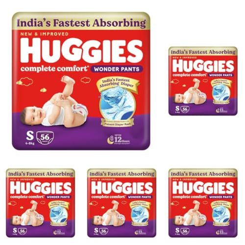 Image of Huggies Complete Comfort Wonder Pants | Pant Style Baby Diapers Small Size (S), 56 Count | India's Fastest Absorbing Diaper, Prevents Diaper Rash, Ideal for 4 to 8 Kgs (Pack of 5)