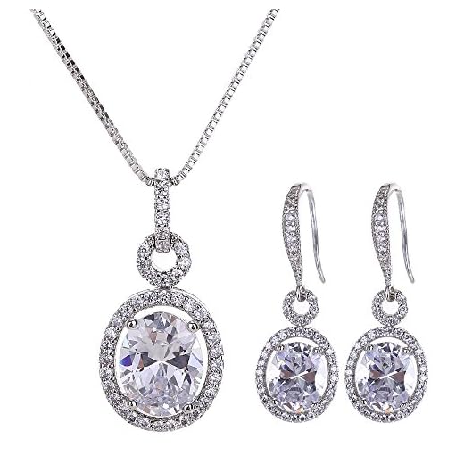 Bridal Jewelry Set for Women - Sterling Silver Cubic Zirconia Crystal Oval Halo Necklace and Dangle Earrings Set Fashion Jewelry Set by AMYJANE …