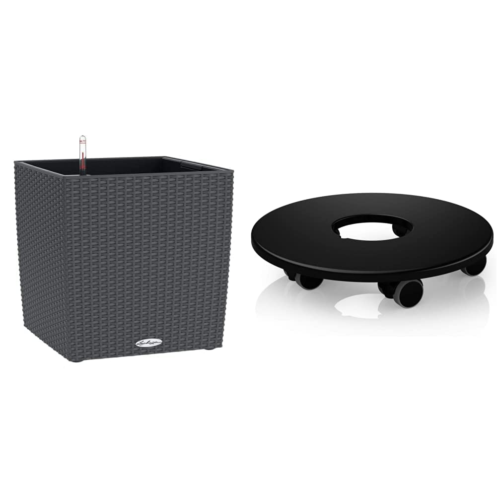 Lechuza "Cube Cottage 40" Pflanzgefäß mit ERD-Bewässerungs-System, Granit, 40 x 40 x 40 cm & Rolluntersetzer für Classico 50