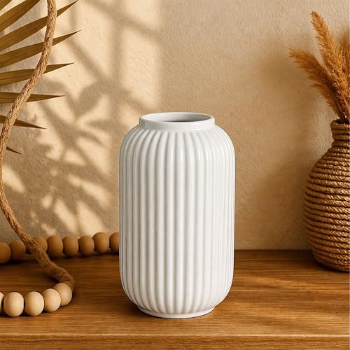 Image of Art Street Modern Ribbed Ceramic Flower Vase | Pearl White Decorative Boho Vase for Living Room, Bedroom & Office Dcor - (Flower not Included), 7x4 Inch