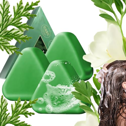 Champu Solido, 3 * 120g Usman Grass Hair Soap, Arroz Glutinoso Agua Champú Sólido Nature Triangle Jabón Para Cabello Con Hojas De Cedro Y Polygonum Para Todo Tipo Cabello, Esponjoso Y Antirotura