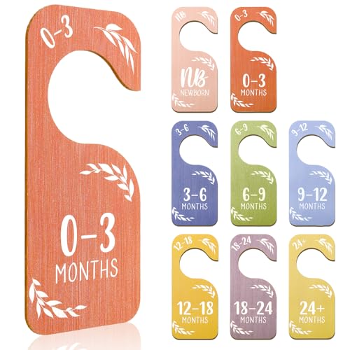 Image of 8 Pcs Baby Clothes Organizer Wooden Closet Dividers Double-Sided Size Dividers Colorful Hangers for Newborn to 24 Months Girls Boys Nursery Decor