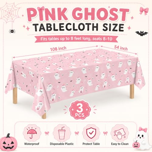 Image of LINHAXM 3 Pack Pink Halloween Tablecloth, Cute Ghost Halloween Disposable Plastic Table Covers for Halloween Birthday Baby Shower Decorations, 54 x 108 Inches