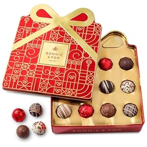 Christmas Chocolate Gift Basket, Candy Food Bow Tin Box, Holiday Present Idea, Stocking Stuffer- 12 Gourmet Truffles- Red- Bonnie & Pop