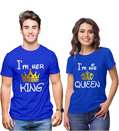Image of Hangout Hub Hangout-Hub850$P Couple T Shirts for Couples | Printed I Am Her King His Queen T-Shirt for Men Women Couples (Set of 2 | Regulat Fit | Cotton)
