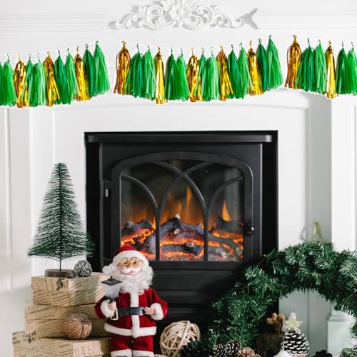Image of Green and Gold Tassel Garland,Tissue Tassel Banner for Party Decorations,Pack of 15