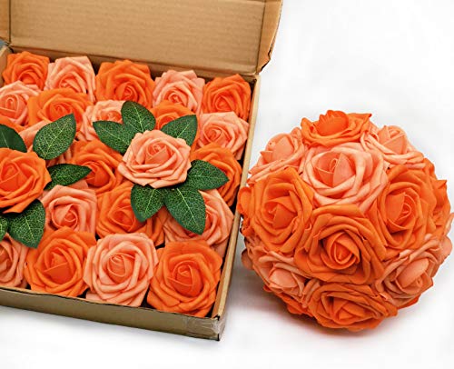 Mefier Home Artificial Flowers 25Pcs Real Looking Mixed Vivid Orange Fake Roses With Stem For Diy Wedding Bouquets Centerpieces Baby Shower Party Home Decorations #TOP2