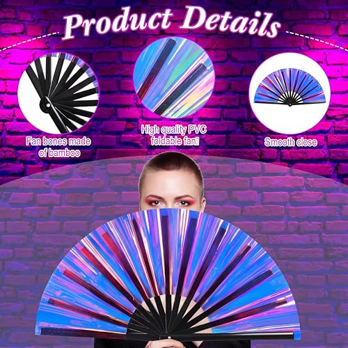 Image of FairySandy Large Rave Fan UV Glow Clack Summer Hand Fan with Thigh Holster for Women Carnival Party Supplies for Carnival Edm Music Festival Club Accessories(Purple Laser,Laser Color)