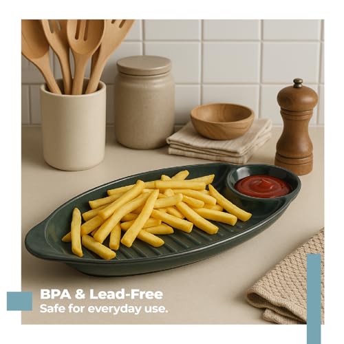 Image of Lifelong Ceramic Serving Chip and Dip Platter |Snacks Plate Set for French Fries, Pasta, Momos, Nachos & More |Designer Appetizer Serveware with Chutney Dip Bowl | Ideal for Gifting(LLCRMCDP01, Green)