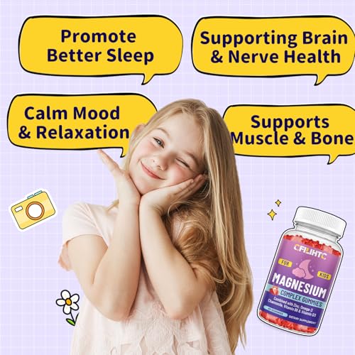 Image of Kids Magnesium Gummies-Magnesium Glycinate Gummies for Kids Supplement-w /Zinc, Chamomile, Omega-3, Vitamin B6, D3 - for Sleep, Relaxation, Brain, Bones, Children's Calm, Sugar Free Strawberry 60ct
