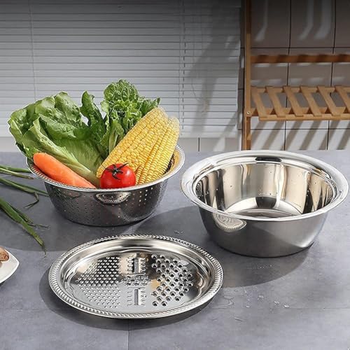 Image of Stainless Steel Colander with Mixing Bowl Set - Heavy Duty Microporous Strainer Basket for Washing Rice, Fruits & Vegetables (3 in 1 Strainer Drainer Cutter)