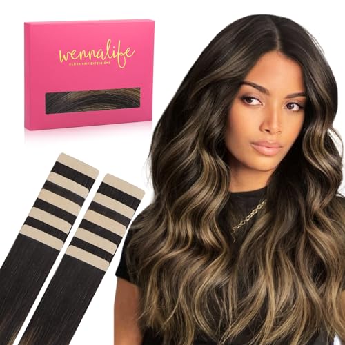 Image of WENNALIFE Tape in Hair Extensions Human Hair Balayage Dark Brown Mixed Chestnut Brown Tape in Extensions, 10pcs 30g 24 inch Remy Invisible Tape Ins Straight Soft Real Human Hair Tape in Extensions