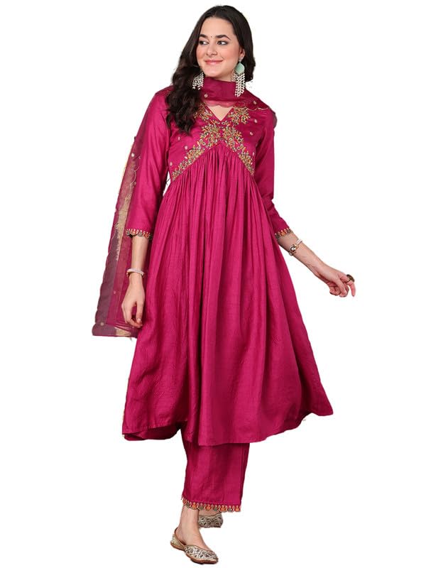 VaamsiWomen's Silk Blend Solid Embroidered Anarkali Kurta Palazzo With Dupatta