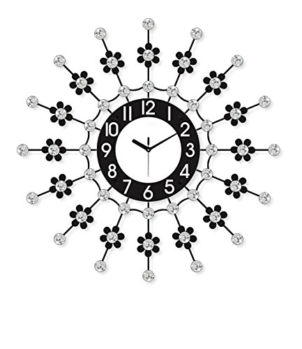 Image of CHRONIKLE Modern Metal Diamond Studded Floral Style Round Analog Wall Clock for Living Room Home Decorations Office Gifts (Size: 58 x 5 x 58 CM | Weight: 1030 Gram | Color: Black)