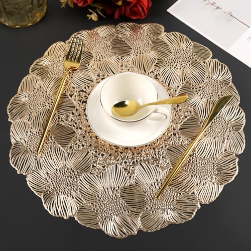 Mabbcoo Gold Round Placemats for Dining Table Set of 8 Pressed Vinyl Metallic Place Mats Table Mats for Wedding Anniversary Party Decorations