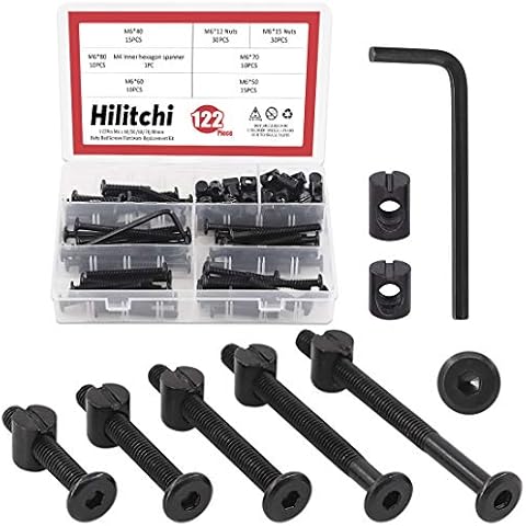 Hilitchi M6 120Pcs Black Hex Socket Head Screws Bolts Barrel Nuts Hardware Assortment Kit for Crib Baby Bed Furniture Cots and Chairs (40mm/50mm/60mm/70mm/80mm-Assortment Kit) Cover