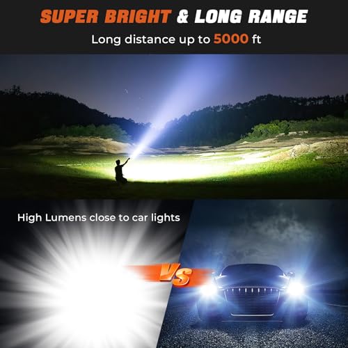 Image of Super Bright Flashlight High Lumens 100000 Rechargeable, Powerful Strong 50W LED, Long Lasting 15 Hours, Quick USB C Charge, Improved Single Click Design 3-Mode, LCD Display & Output, for Hiking Home