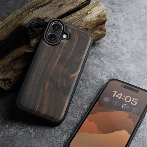 Image of Carveit Wood Case for iPhone 16 Plus, Natural Grain, Black | Magnetic iPhone 16 Plus Case Compatible with MagSafe Wireless Chargers, Engraved Wood with Soft TPU Shockproof Bumper