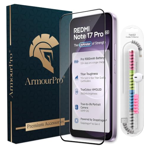Image of ArmourPro Military-Grade Tempered Glass for Redmi Note 17 Pro - 9H Anti Scratch, Edge-to-Edge Coverage, HD Clarity, Smooth Touch, Case Friendly, Easy Installation Kit with Cable Protector