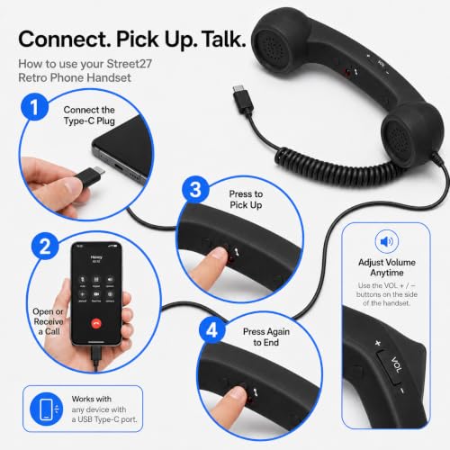 Image of Street27 Retro Phone Handset Compatible with Type-C Smartphones, Tablets & Computers, Corded Telephone Receiver with Noise Reduction, Volume Control & Answer Button for Calls and Meetings (Black)