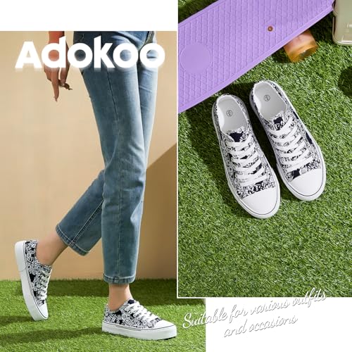 Image of Adokoo Canvas Tennis Shoes for Women Low Top Casual White Black Sneakers for Women Lace Up Fashion Comfortable Walking Shoes