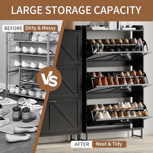Image of Shoe Cabinet with 3 Flip Drawers, Freestanding Hidden Shoe Storage Organizer for Entryway, Narrow Slim Shoe Rack Cabinet with Open Storage & Hooks for Front Door Entrance, Living Room, Hallway, Black