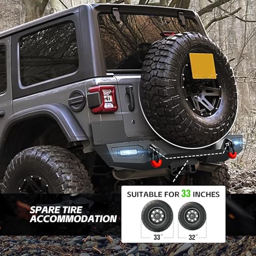Image of for Wrangler JL Off-Road Rear Bumper Compatible with 2018 2019 2020 2021 2022 2023 2024 2025 2026 Jeep Wrangler JL JLU with License Plate Frame, 2 x 18W LED Lights, 2 inch Hitch Receiver & D-rings