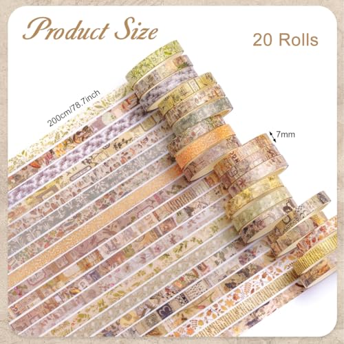 Image of HASTHIP 20pcs Vintage Botanical Washi Tape Set, Retro Floral Scrapbook Masking Tape for Journaling, Planners, DIY Crafts, Decorative Ephemera Paper Tape Rolls, 7mmx20m Per Roll