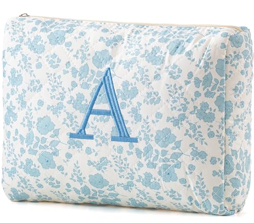 Image of HBselect Initial Quilted Makeup Bag, Cotton Large Travel Makeup Bag, Cute Floral Coquette Make up Bag Cosmetic Bag Toiletry Bag for Women Girls A