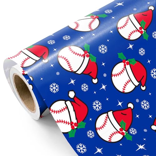 WRAPAHOLIC Baseball Christmas Wrapping Paper - Mini Roll - 17 Inch x 16.5 Feet - Snowflakes and Santa Hat Baseball Wrapping Paper for Christmas Sport Party Holiday Party Celebration