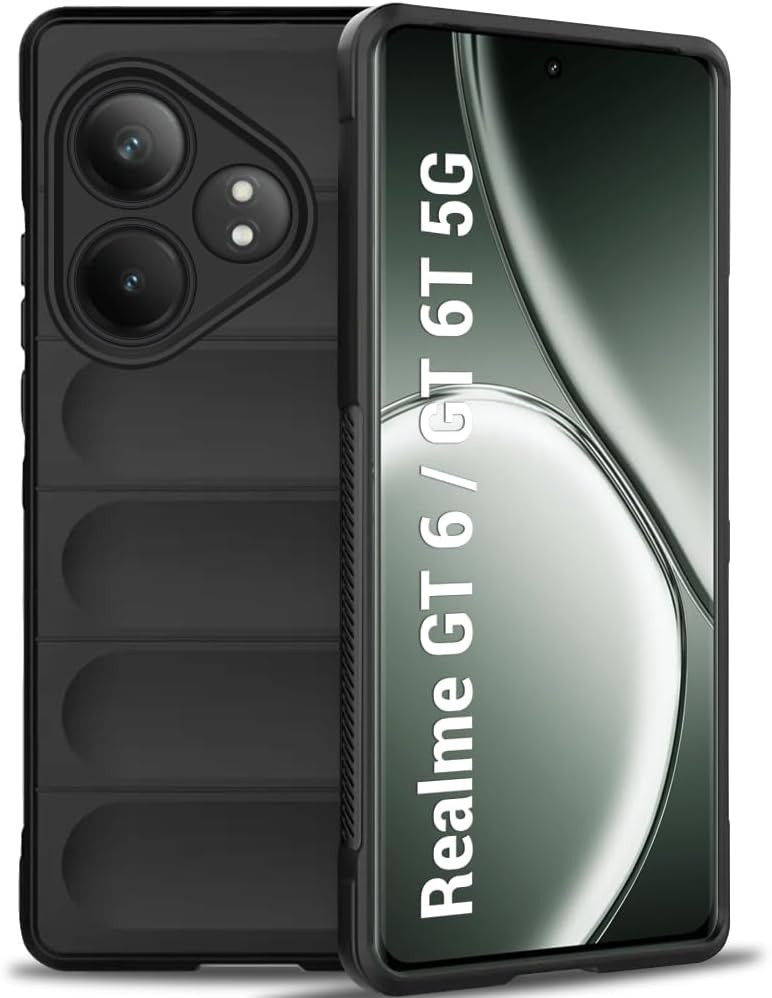 TheGiftKart Liquid Silicon Back Cover Case for Realme GT 6 / GT 6T 5G | Shockproof Military Grade Protection | Micro-Fibre Cloth On Inner Side | Anti-Slip Grip Realme GT 6T 5G Back Case (TPU, Black)
