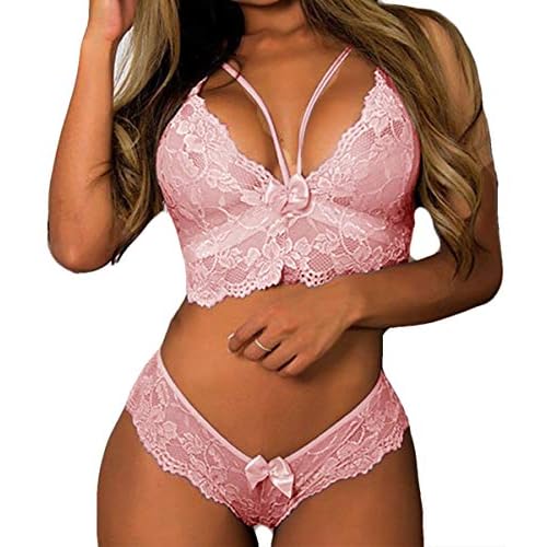 CheChury Lencería Encaje Conjunto Mujer 2 Pcs Bordado Floral Sujetador y Cintura Baja Bragas Nudo de Lazo Ropa de Dormir Babydoll Lencería