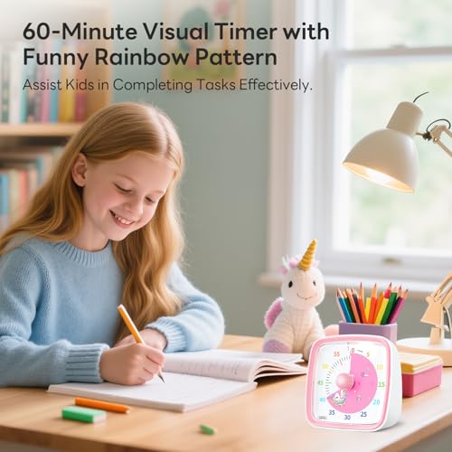Image of Yunbaoit Visual Timer with Night Light, 60-Minute Unicorn Countdown Timer for Kids and Adults, Time Management Tool for Home, School, Kitchen, or Office (Pink)