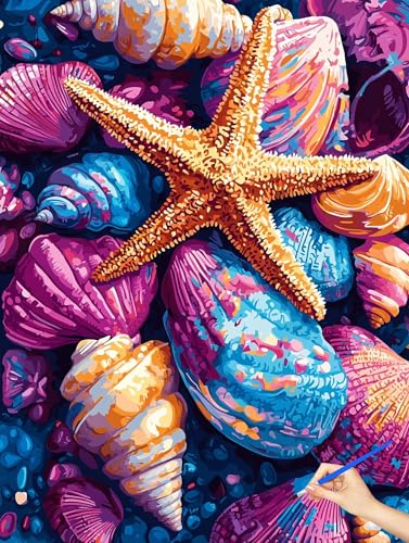 数字油絵 ヒトデ 数字塗り絵 シェル Paint by Numbers ナンバーペイント 子供 初心者 DIY Cheerful Painting 手工芸 芸術手塗りれる アクリルキット 大人のためのクリエイティブな趣味 誕生日プレゼント ホーム オフィス
