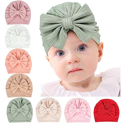 Image of QandSweet 0-24 Months Newborn Girls' Hats Cotton and Linen Cap Infant Big Bow Hat Baby Shower
