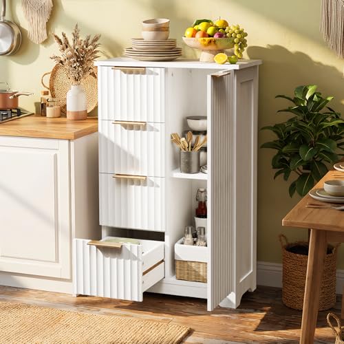 Image of VINGLI Fluted Sideboard Buffet Cabinet, Modern White Wood Storage Console with Doors and Drawers, Multi-Function Storage Cabinet for Living Room, Dining Room, Kitchen, White