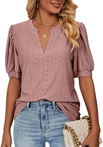 isermeo Womens Shirts Casual V Neck Tshirts Puff Short Sleeve Summer Tops Tunic Blouses S-XXL