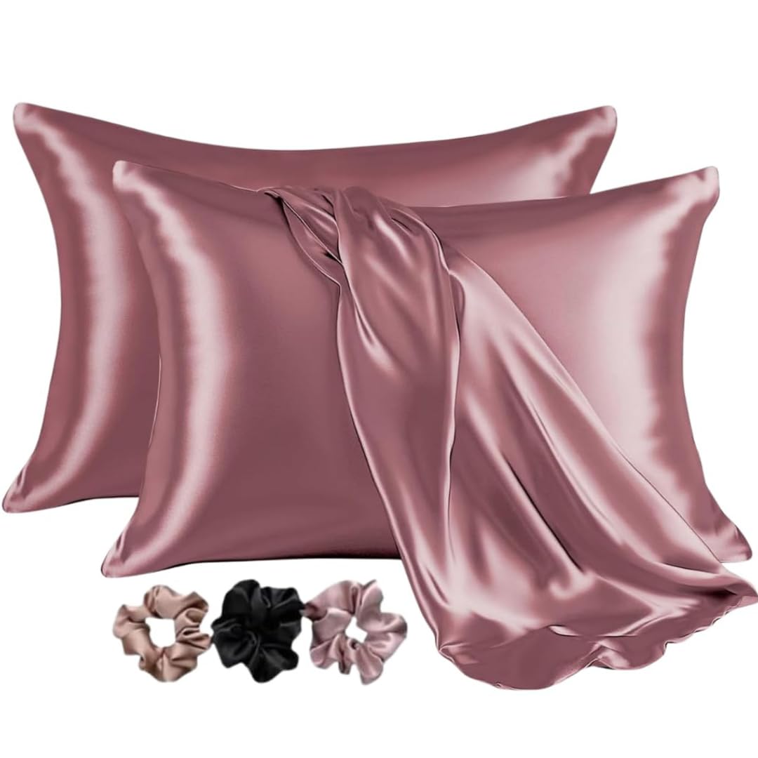 Go Well Satin Silk Pillow Cover for Hair and Skin 2 Piece with 3 Piece Satin Scrunchies for Women Stylish Silk Pillow Covers with Envelope Closure end Design|Silk Pillow Cases(Rosegold) 600 TC